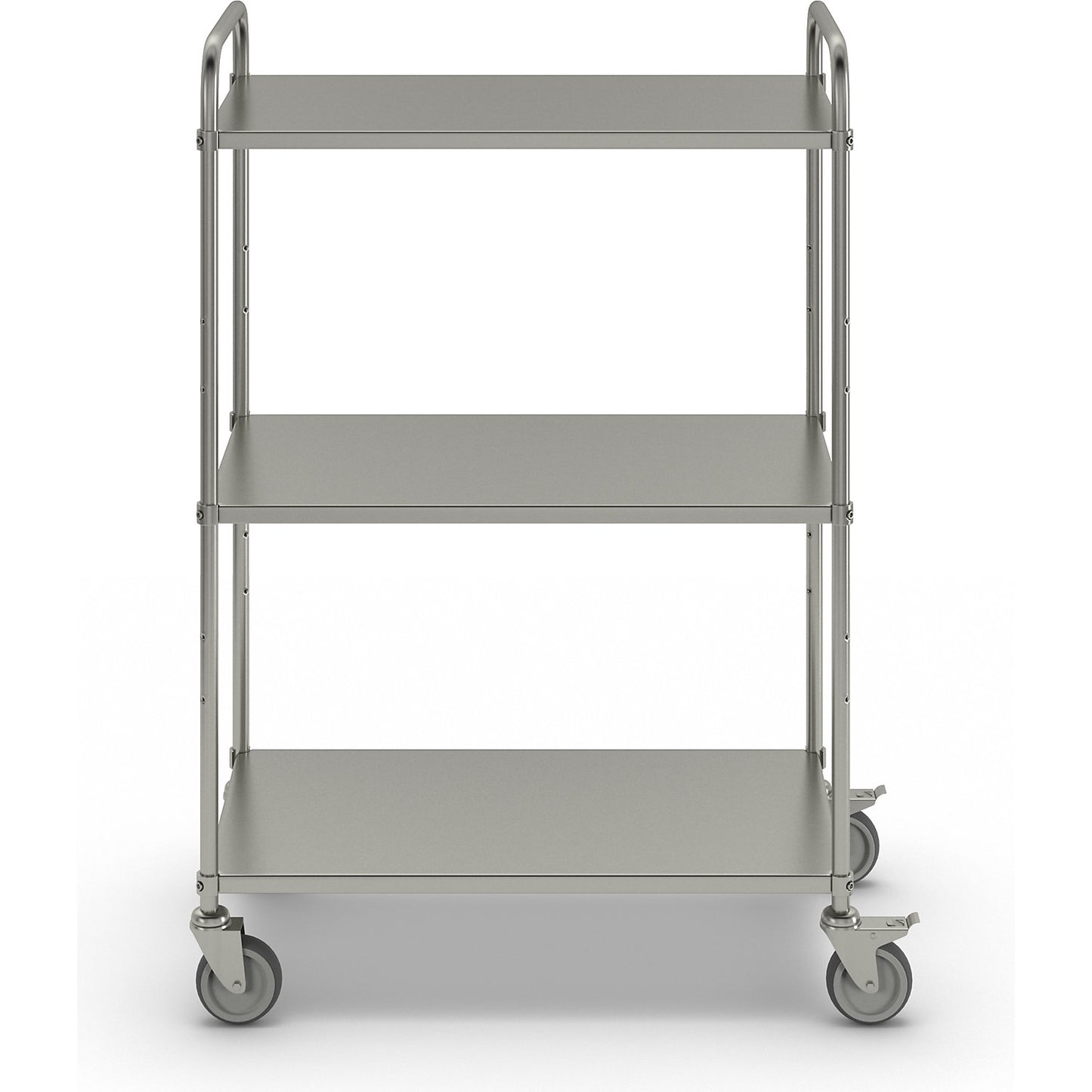 Lightweight shelf truck, height 1445 mm, with 3 metal shelves, electrolytically zinc plated, 2 swivel castors with stops.