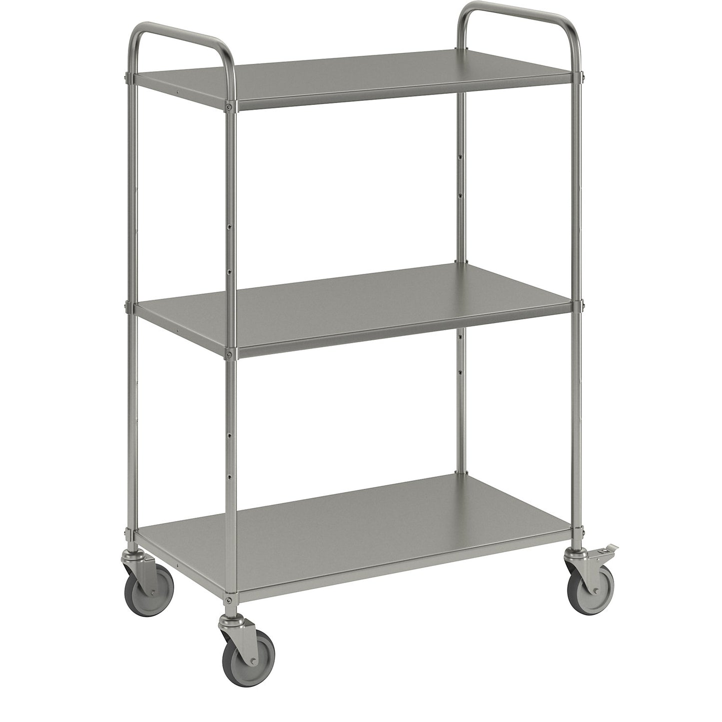 Lightweight shelf truck, height 1445 mm, with 3 metal shelves, electrolytically zinc plated, 2 swivel castors with stops.