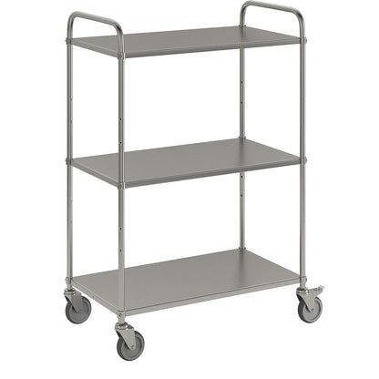 Lightweight shelf truck, height 1445 mm, with 3 metal shelves, electrolytically zinc plated, 2 swivel castors with stops.
