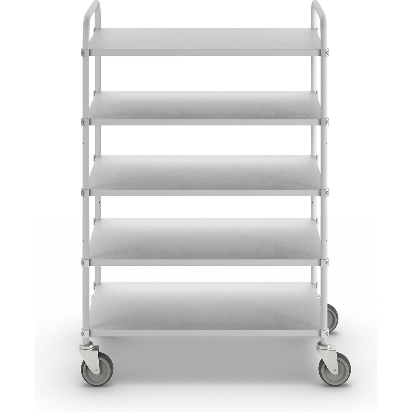 Lightweight shelf truck, height 1445 mm, with 5 metal shelves, white, 4 swivel castors.