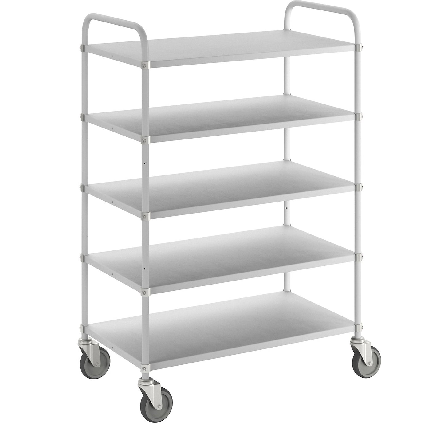 Lightweight shelf truck, height 1445 mm, with 5 metal shelves, white, 4 swivel castors.
