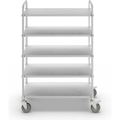 Lightweight shelf truck, height 1445 mm, with 5 metal shelves, white, 2 swivel castors with stops.