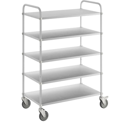 Lightweight shelf truck, height 1445 mm, with 5 metal shelves, white, 2 swivel castors with stops.