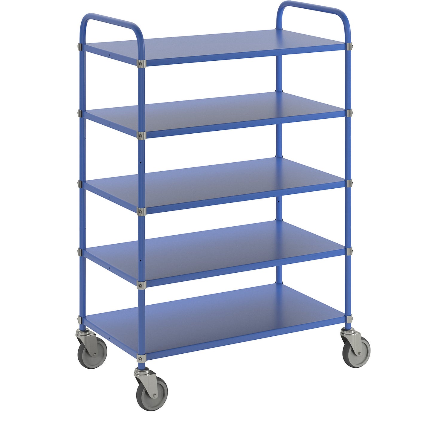 Lightweight shelf truck, height 1445 mm, with 5 metal shelves, blue, 4 swivel castors.