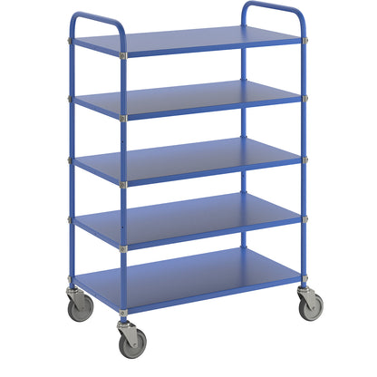 Lightweight shelf truck, height 1445 mm, with 5 metal shelves, blue, 4 swivel castors.