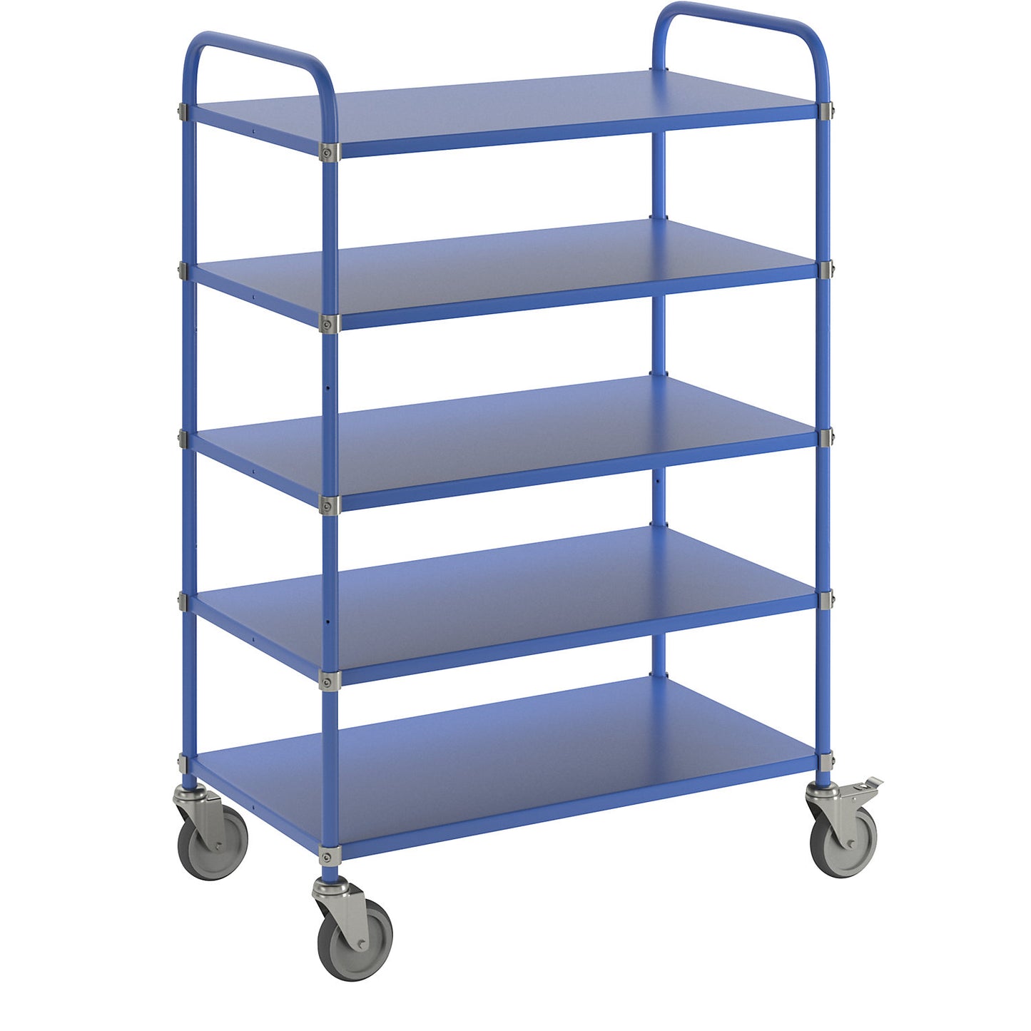 Lightweight shelf truck, height 1445 mm, with 5 metal shelves, blue, 2 swivel castors with stops.