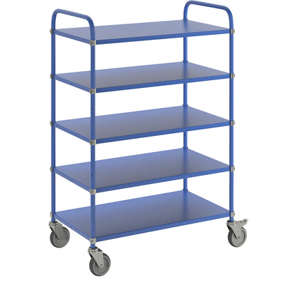 Lightweight shelf truck, height 1445 mm, with 5 metal shelves, blue, 2 swivel castors with stops.