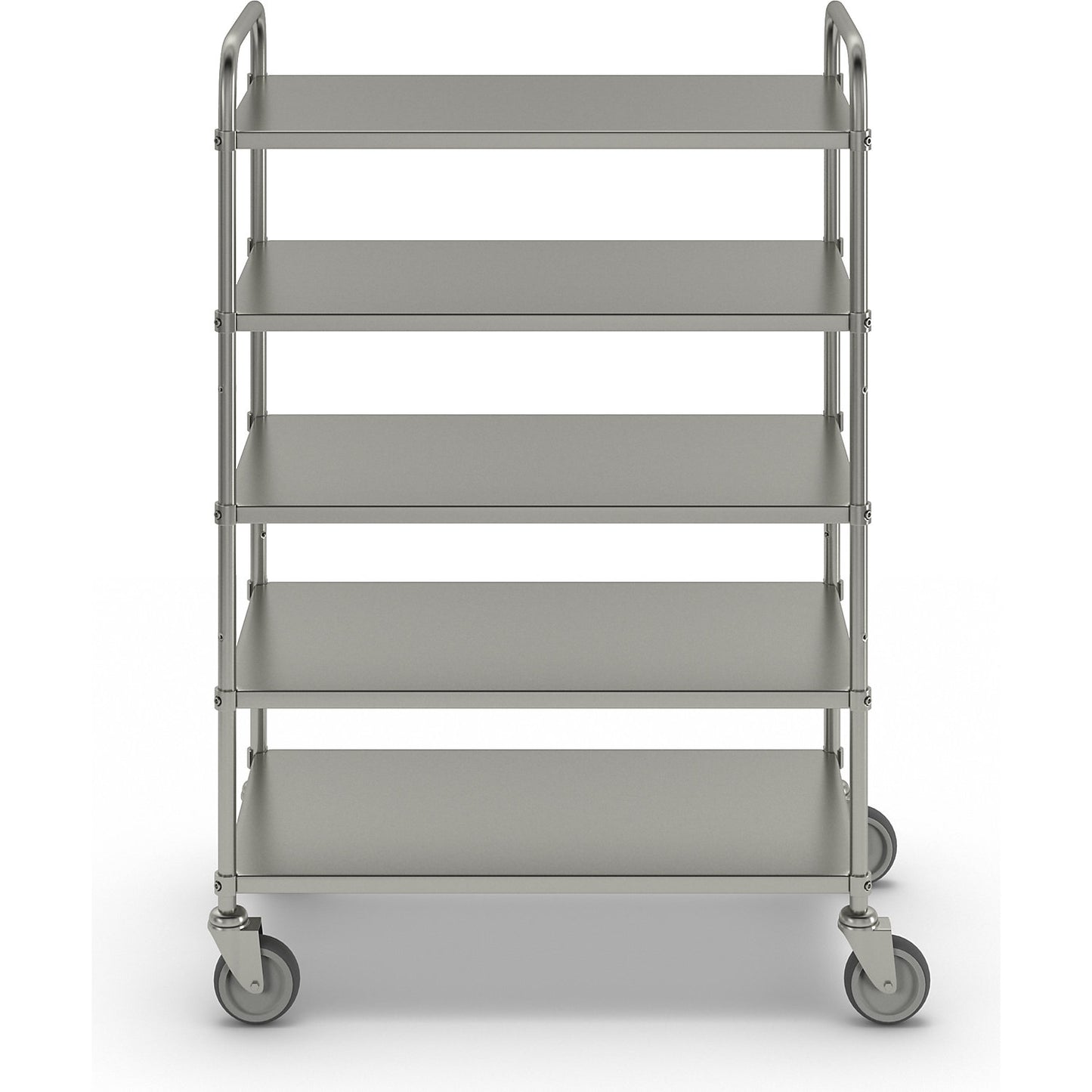 Lightweight shelf truck, height 1445 mm, with 5 metal shelves, electrolytically zinc plated, 4 swivel castors.
