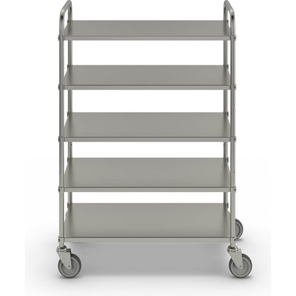 Lightweight shelf truck, height 1445 mm, with 5 metal shelves, electrolytically zinc plated, 4 swivel castors.
