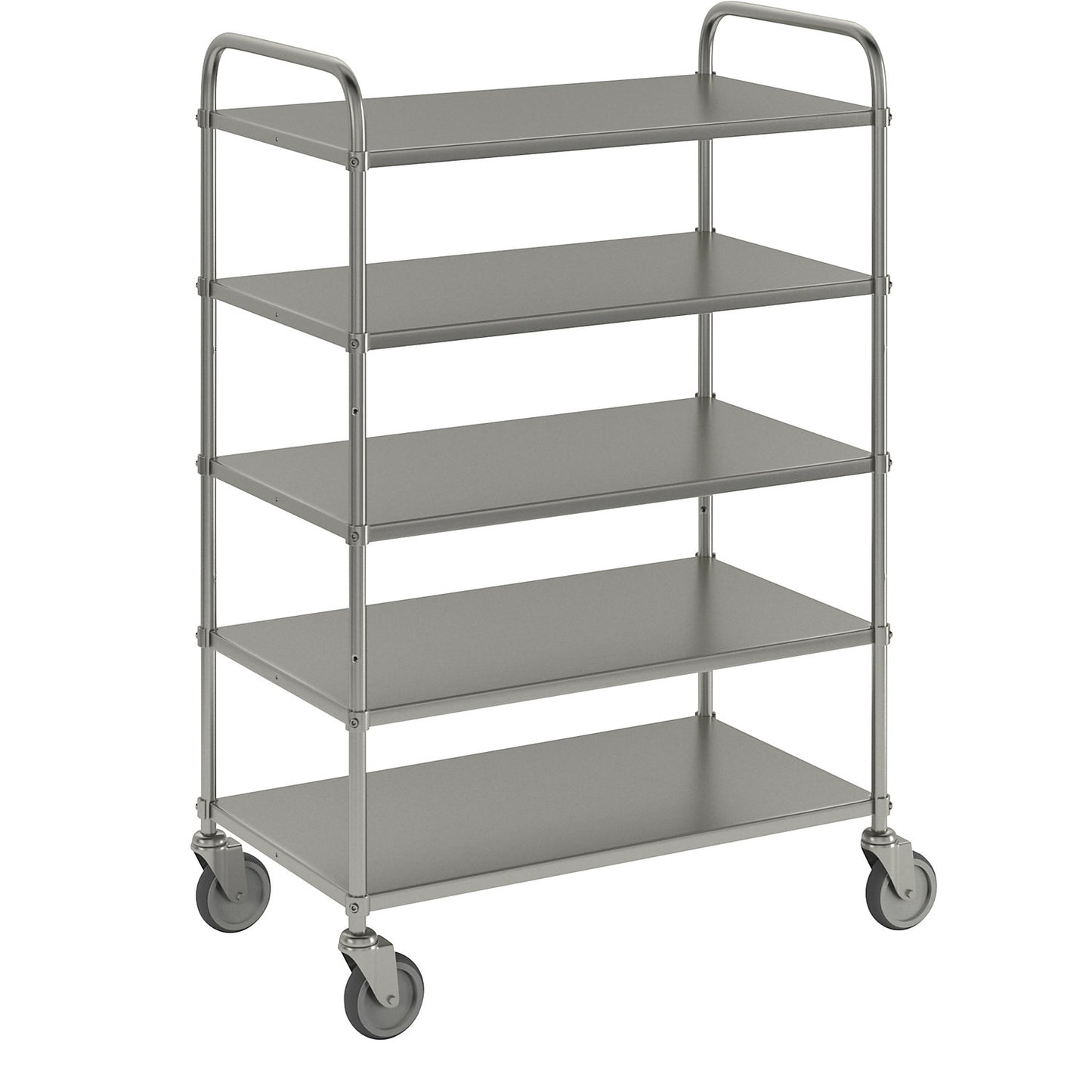 Lightweight shelf truck, height 1445 mm, with 5 metal shelves, electrolytically zinc plated, 4 swivel castors.
