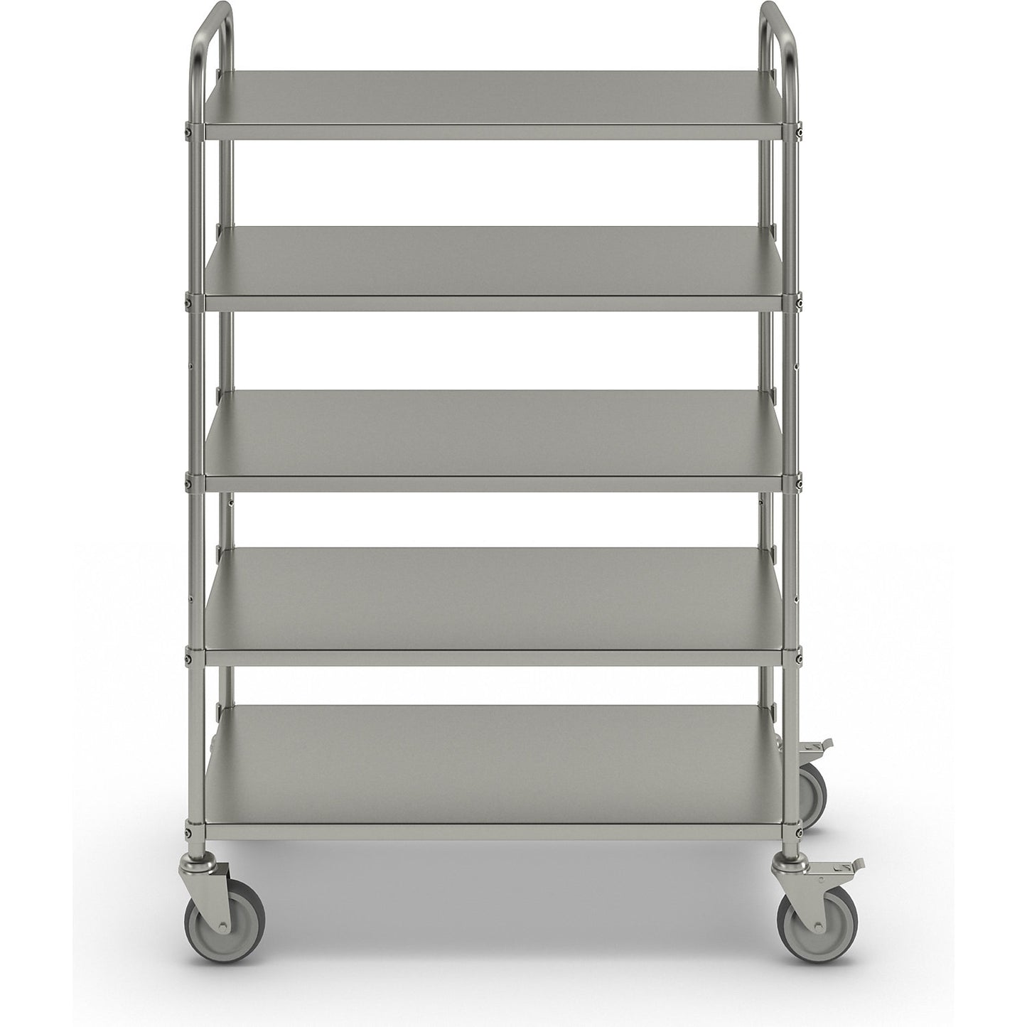 Lightweight shelf truck, height 1445 mm, with 5 metal shelves, electrolytically zinc plated, 2 swivel castors with stops.