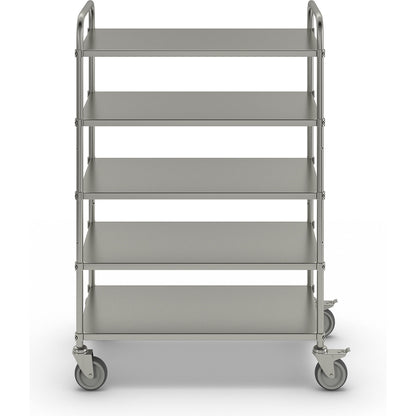 Lightweight shelf truck, height 1445 mm, with 5 metal shelves, electrolytically zinc plated, 2 swivel castors with stops.