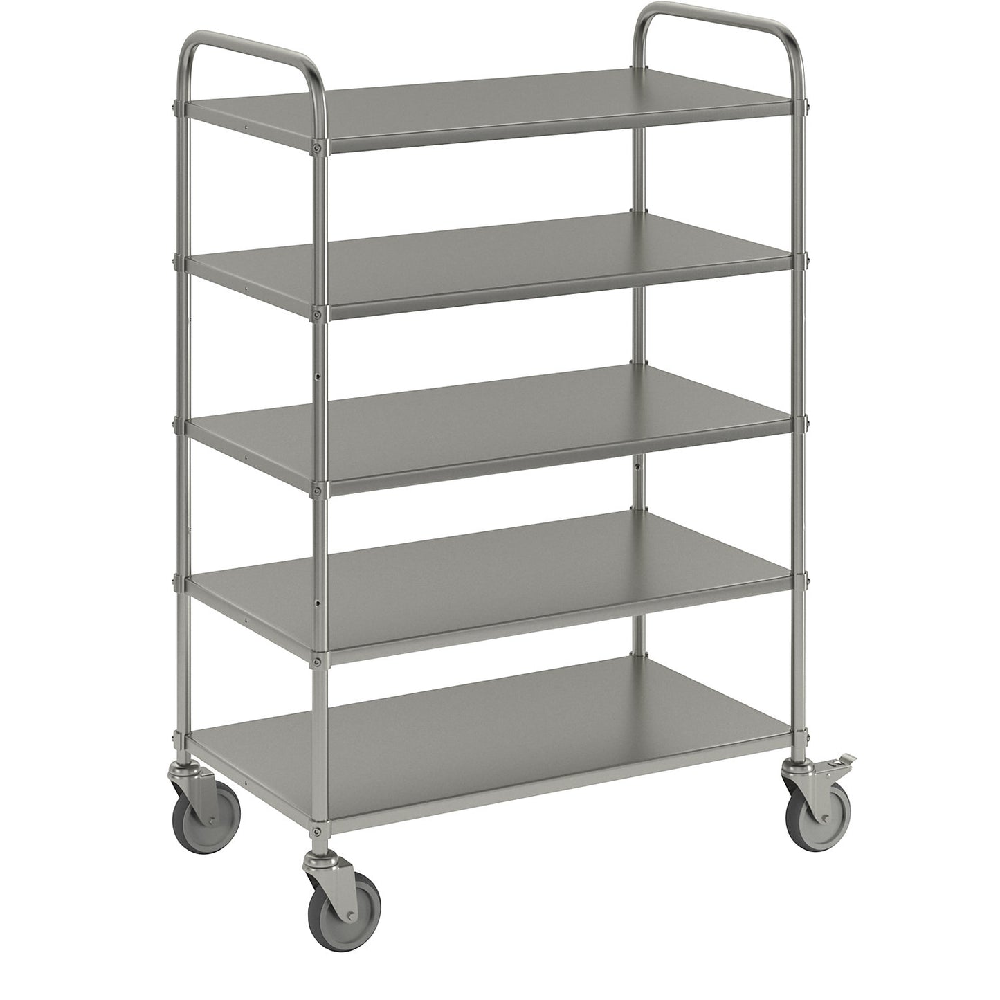 Lightweight shelf truck, height 1445 mm, with 5 metal shelves, electrolytically zinc plated, 2 swivel castors with stops.