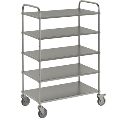 Lightweight shelf truck, height 1445 mm, with 5 metal shelves, electrolytically zinc plated, 2 swivel castors with stops.