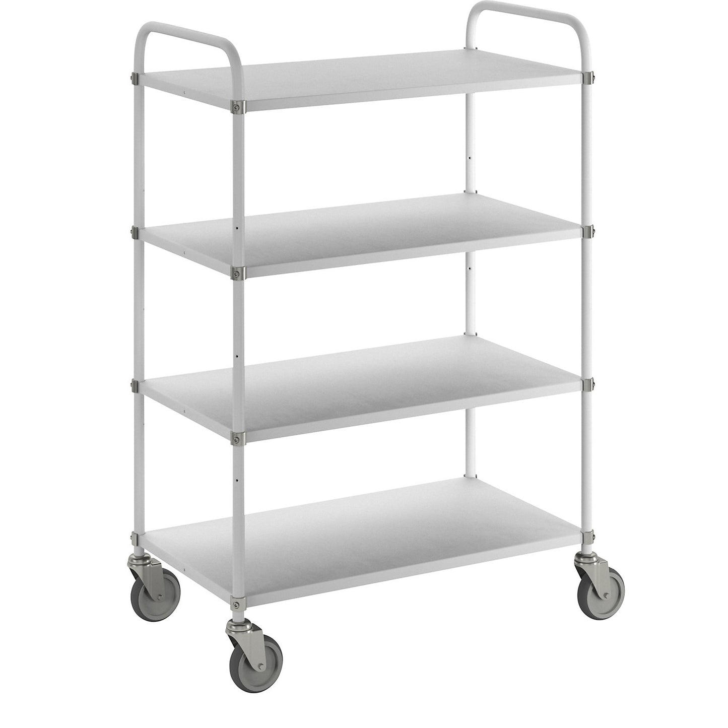 Lightweight shelf truck, height 1445 mm, with 4 metal shelves, white, 4 swivel castors.