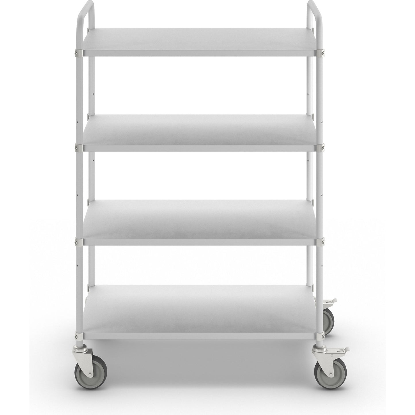Lightweight shelf truck, height 1445 mm, with 4 metal shelves, white, 2 swivel castors with stops.
