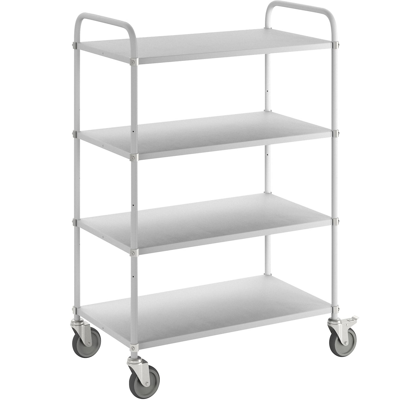 Lightweight shelf truck, height 1445 mm, with 4 metal shelves, white, 2 swivel castors with stops.