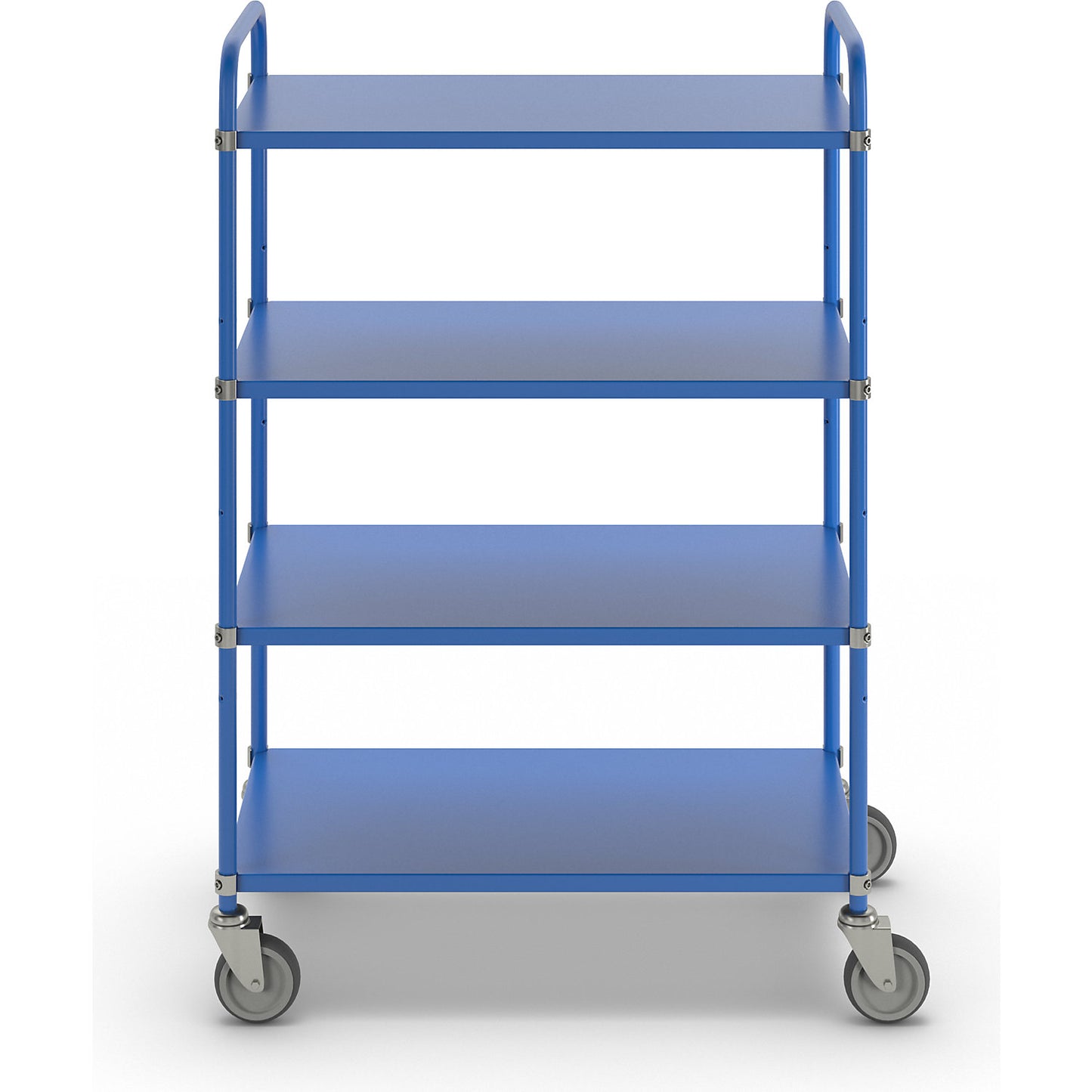 Lightweight shelf truck, height 1445 mm, with 4 metal shelves, blue, 4 swivel castors.