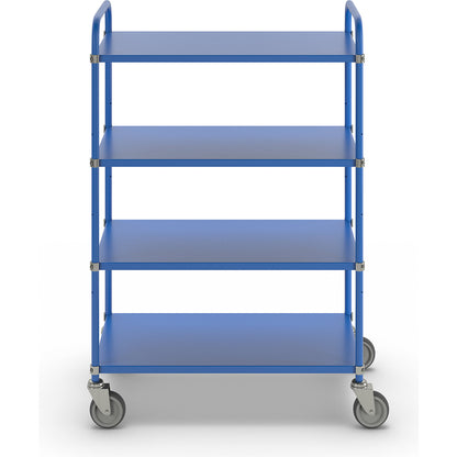 Lightweight shelf truck, height 1445 mm, with 4 metal shelves, blue, 4 swivel castors.
