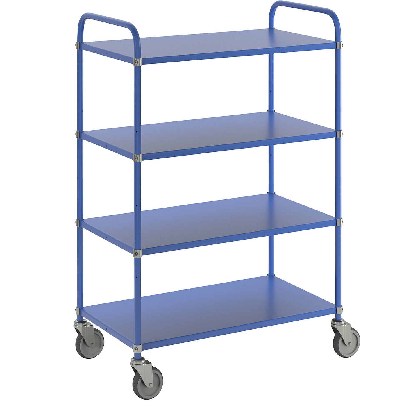 Lightweight shelf truck, height 1445 mm, with 4 metal shelves, blue, 4 swivel castors.