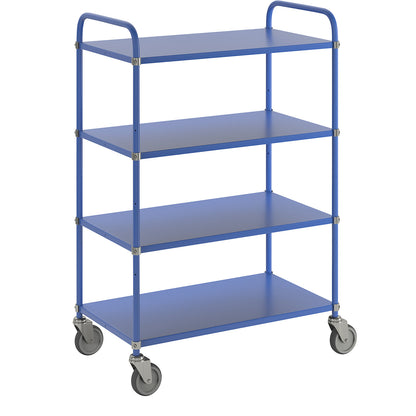 Lightweight shelf truck, height 1445 mm, with 4 metal shelves, blue, 4 swivel castors.