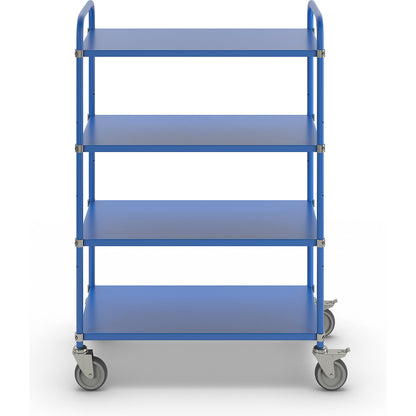 Lightweight shelf truck, height 1445 mm, with 4 metal shelves, blue, 2 swivel castors with stops.