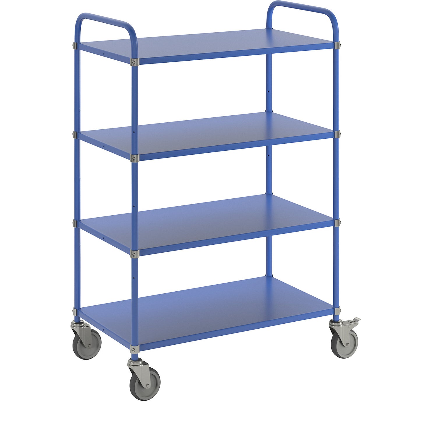 Lightweight shelf truck, height 1445 mm, with 4 metal shelves, blue, 2 swivel castors with stops.