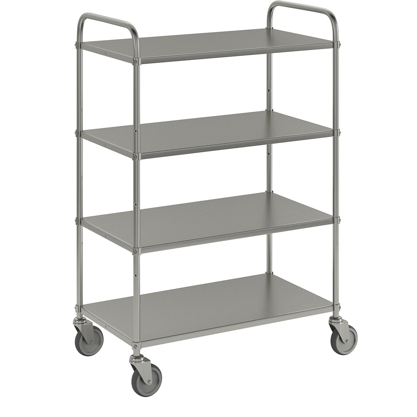 Lightweight shelf truck, height 1445 mm, with 4 metal shelves, electrolytically zinc plated, 4 swivel castors.