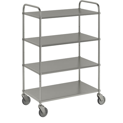 Lightweight shelf truck, height 1445 mm, with 4 metal shelves, electrolytically zinc plated, 4 swivel castors.
