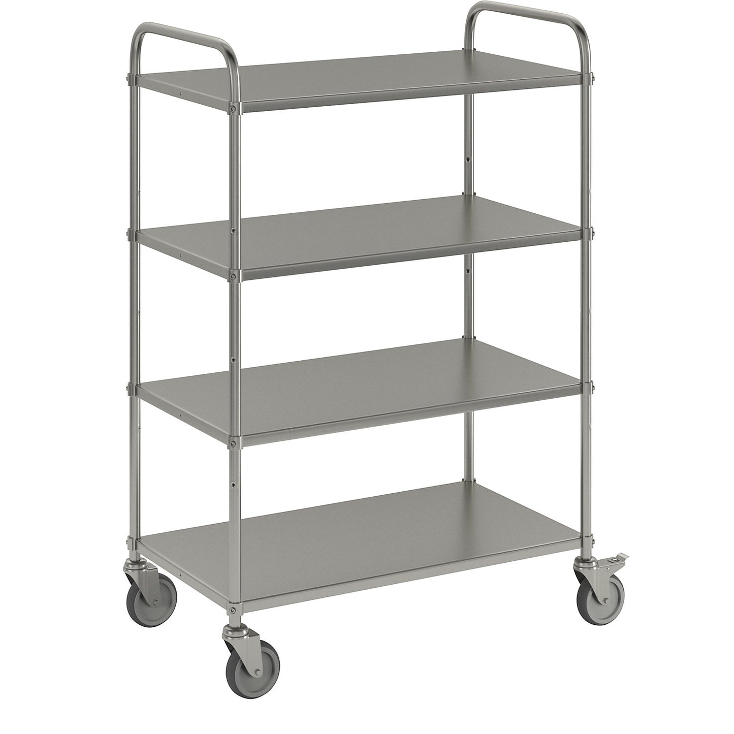 Lightweight shelf truck, height 1445 mm, with 4 metal shelves, electrolytically zinc plated, 2 swivel castors with stops.