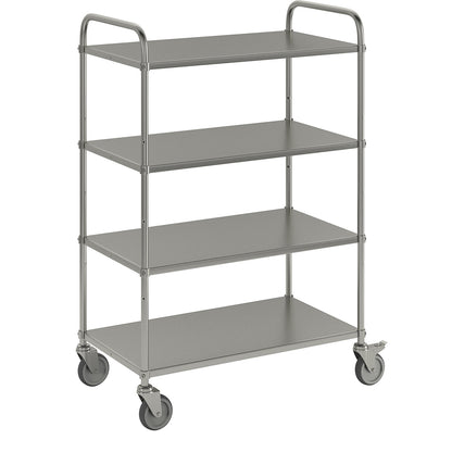 Lightweight shelf truck, height 1445 mm, with 4 metal shelves, electrolytically zinc plated, 2 swivel castors with stops.