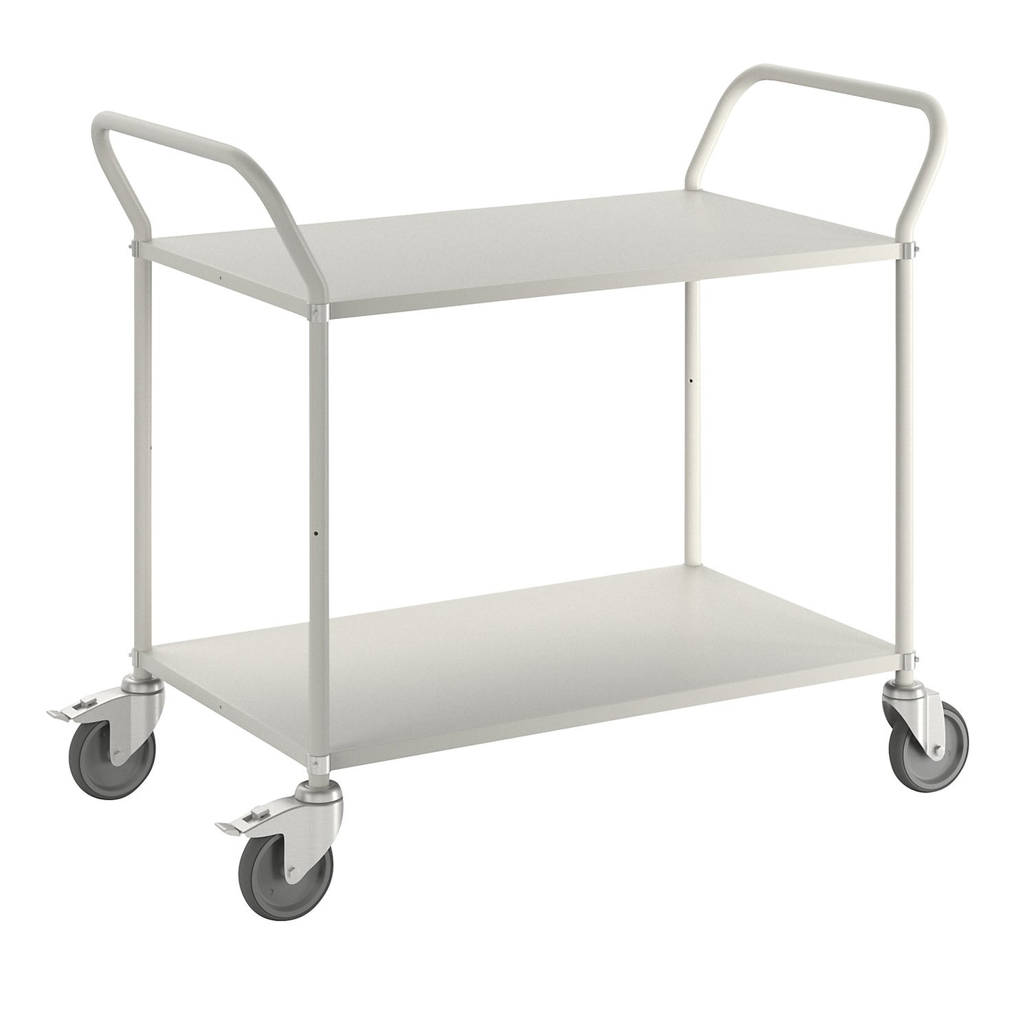 Lightweight shelf truck, height 940 mm, with 2 metal shelves, white, 2 swivel castors with stops.