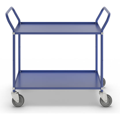 Lightweight shelf truck, height 940 mm, with 2 metal shelves, blue, 4 swivel castors.