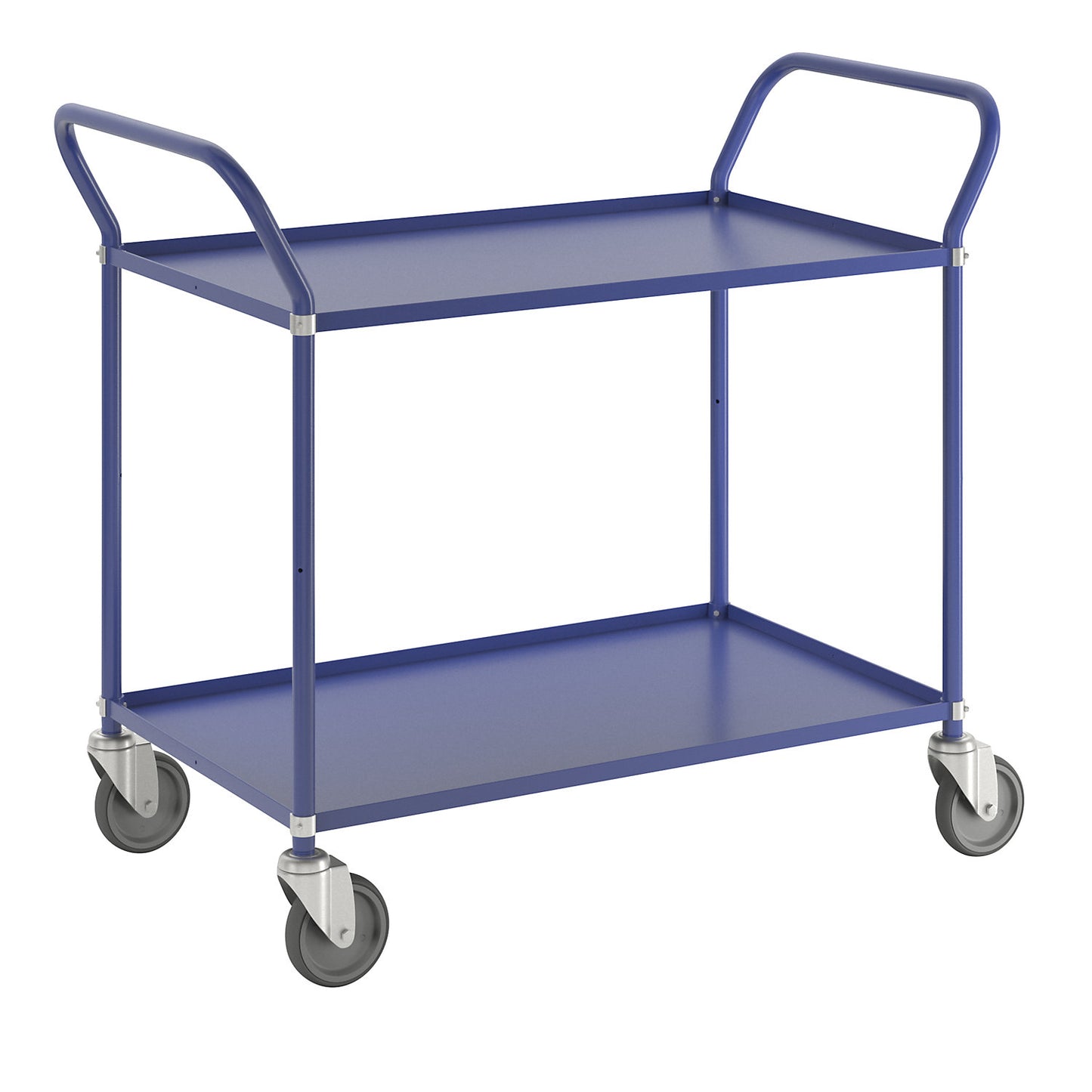 Lightweight shelf truck, height 940 mm, with 2 metal shelves, blue, 4 swivel castors.