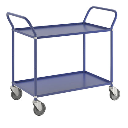 Lightweight shelf truck, height 940 mm, with 2 metal shelves, blue, 4 swivel castors.