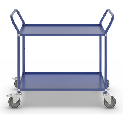 Lightweight shelf truck, height 940 mm, with 2 metal shelves, blue, 2 swivel castors with stops.