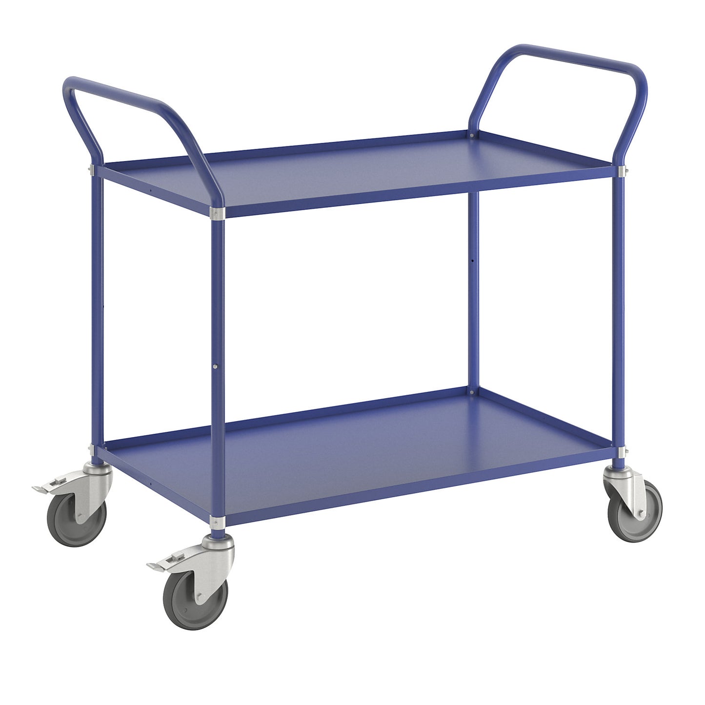 Lightweight shelf truck, height 940 mm, with 2 metal shelves, blue, 2 swivel castors with stops.