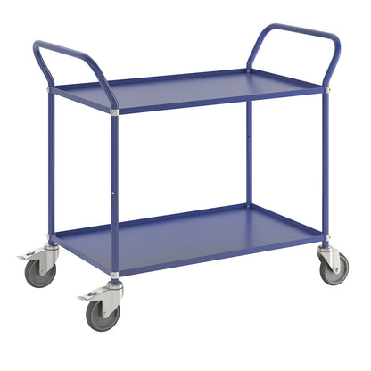 Lightweight shelf truck, height 940 mm, with 2 metal shelves, blue, 2 swivel castors with stops.