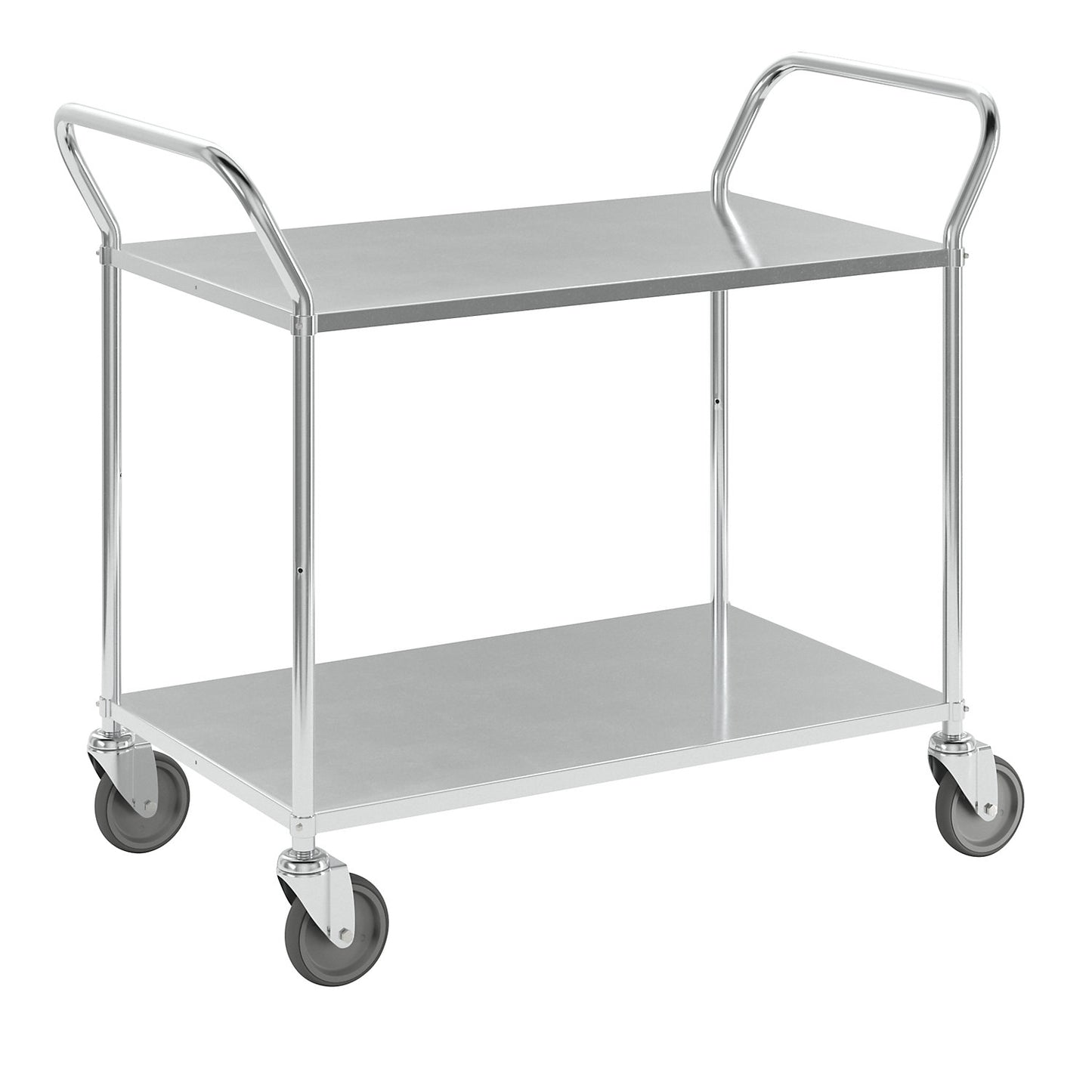 Lightweight shelf truck, height 940 mm, with 2 metal shelves, electrolytically zinc plated, 4 swivel castors.
