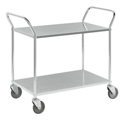Lightweight shelf truck, height 940 mm, with 2 metal shelves, electrolytically zinc plated, 4 swivel castors.