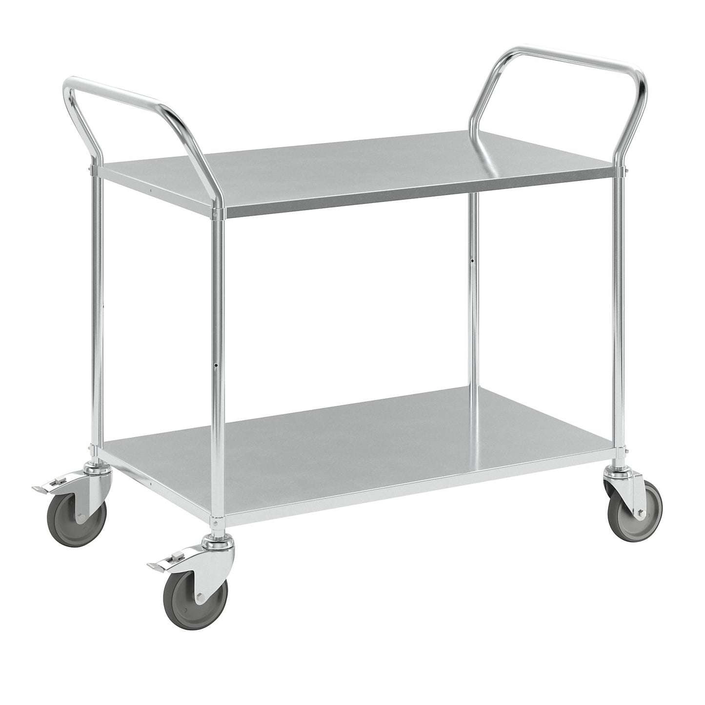 Lightweight shelf truck, height 940 mm, with 2 metal shelves, electrolytically zinc plated, 2 swivel castors with stops.