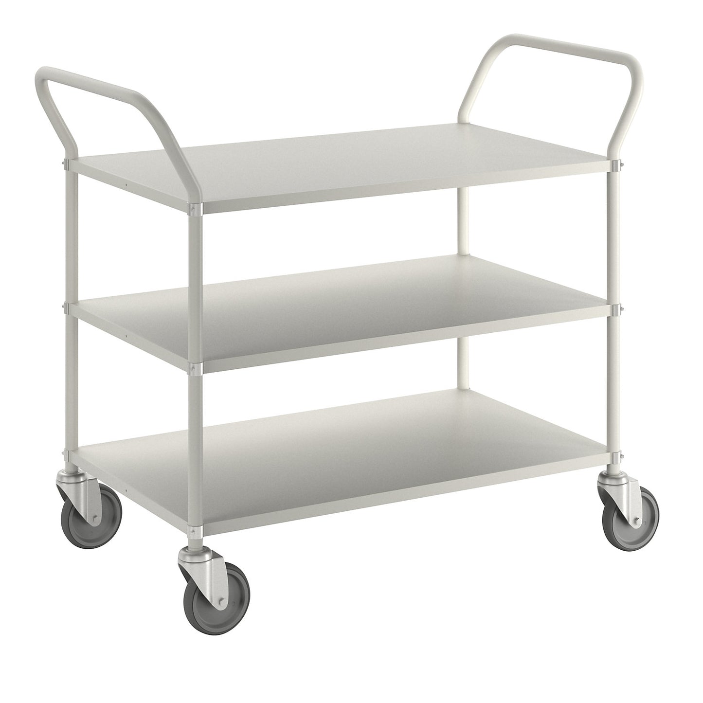 Lightweight shelf truck, height 940 mm, with 3 metal shelves, white, 4 swivel castors.