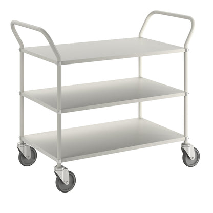 Lightweight shelf truck, height 940 mm, with 3 metal shelves, white, 4 swivel castors.