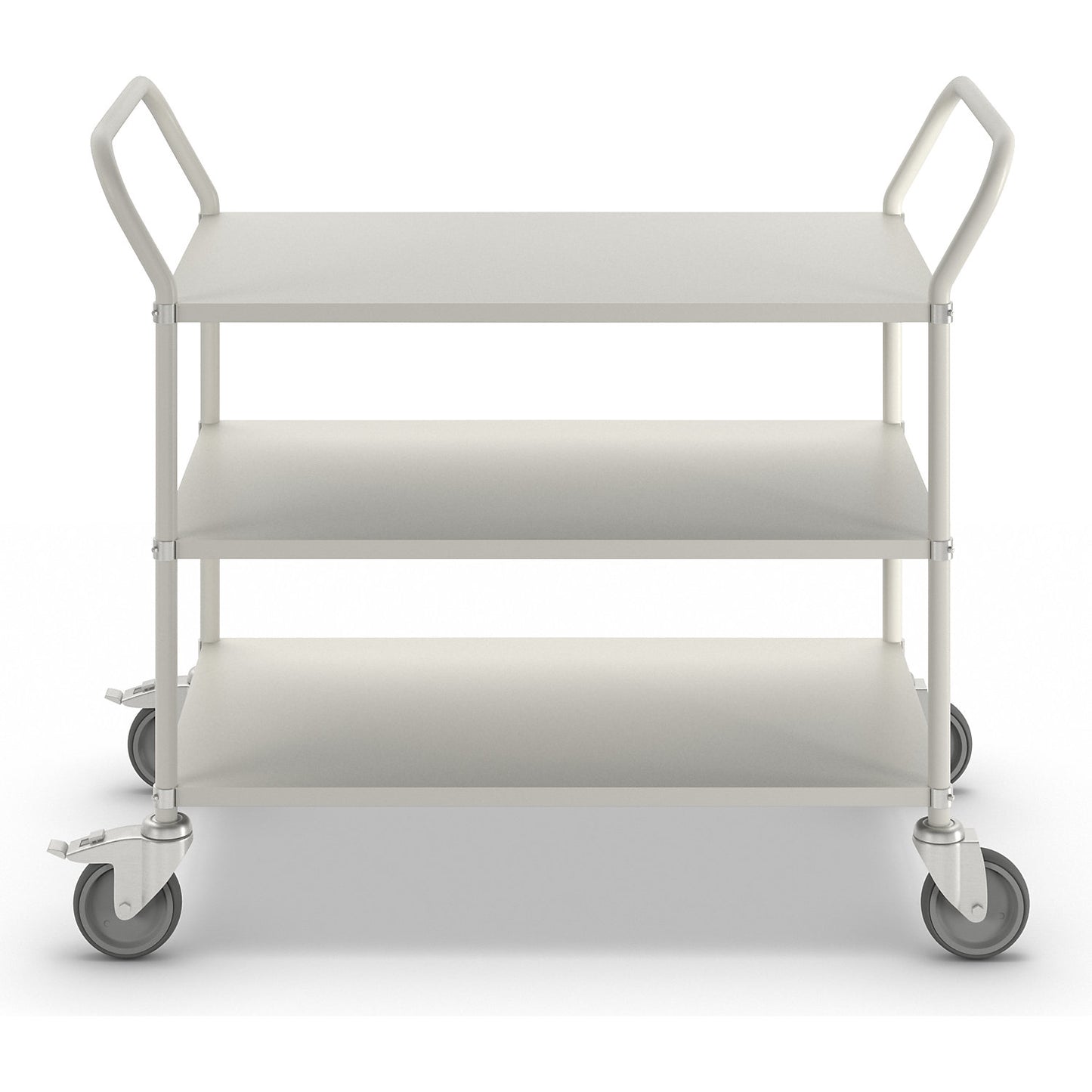 Lightweight shelf truck, height 940 mm, with 3 metal shelves, white, 2 swivel castors with stops.