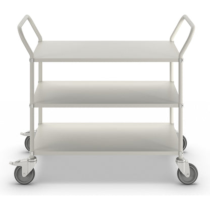 Lightweight shelf truck, height 940 mm, with 3 metal shelves, white, 2 swivel castors with stops.