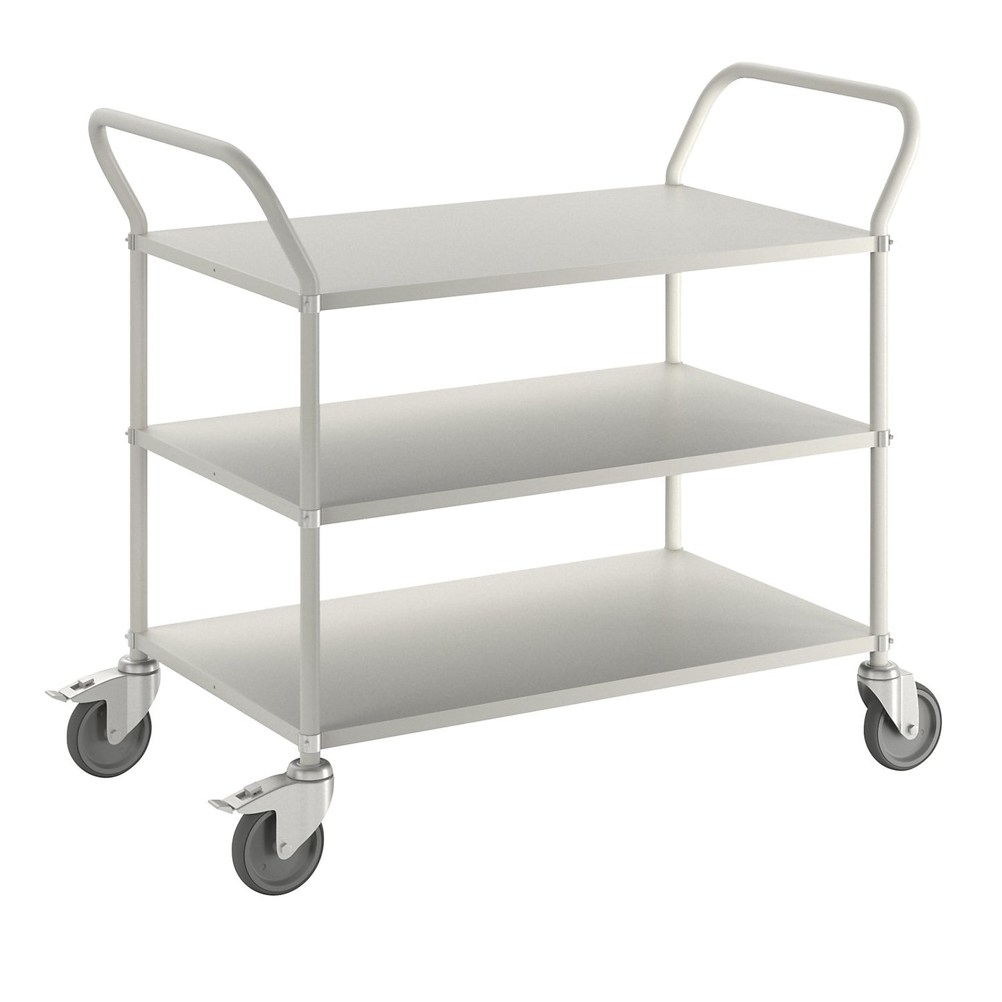 Lightweight shelf truck, height 940 mm, with 3 metal shelves, white, 2 swivel castors with stops.