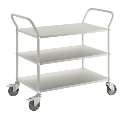 Lightweight shelf truck, height 940 mm, with 3 metal shelves, white, 2 swivel castors with stops.