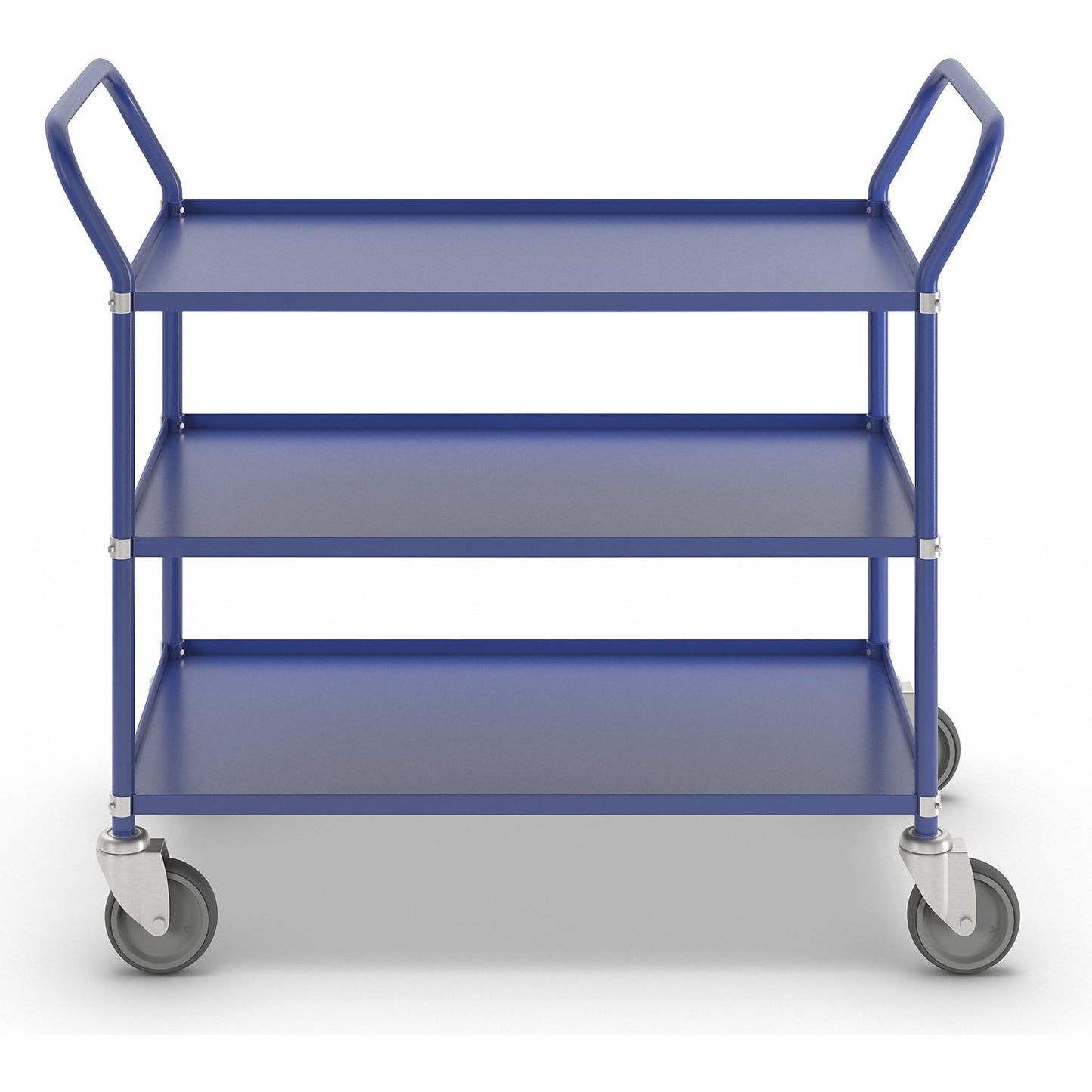 Lightweight shelf truck, height 940 mm, with 3 metal shelves, blue, 4 swivel castors.