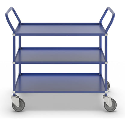 Lightweight shelf truck, height 940 mm, with 3 metal shelves, blue, 4 swivel castors.
