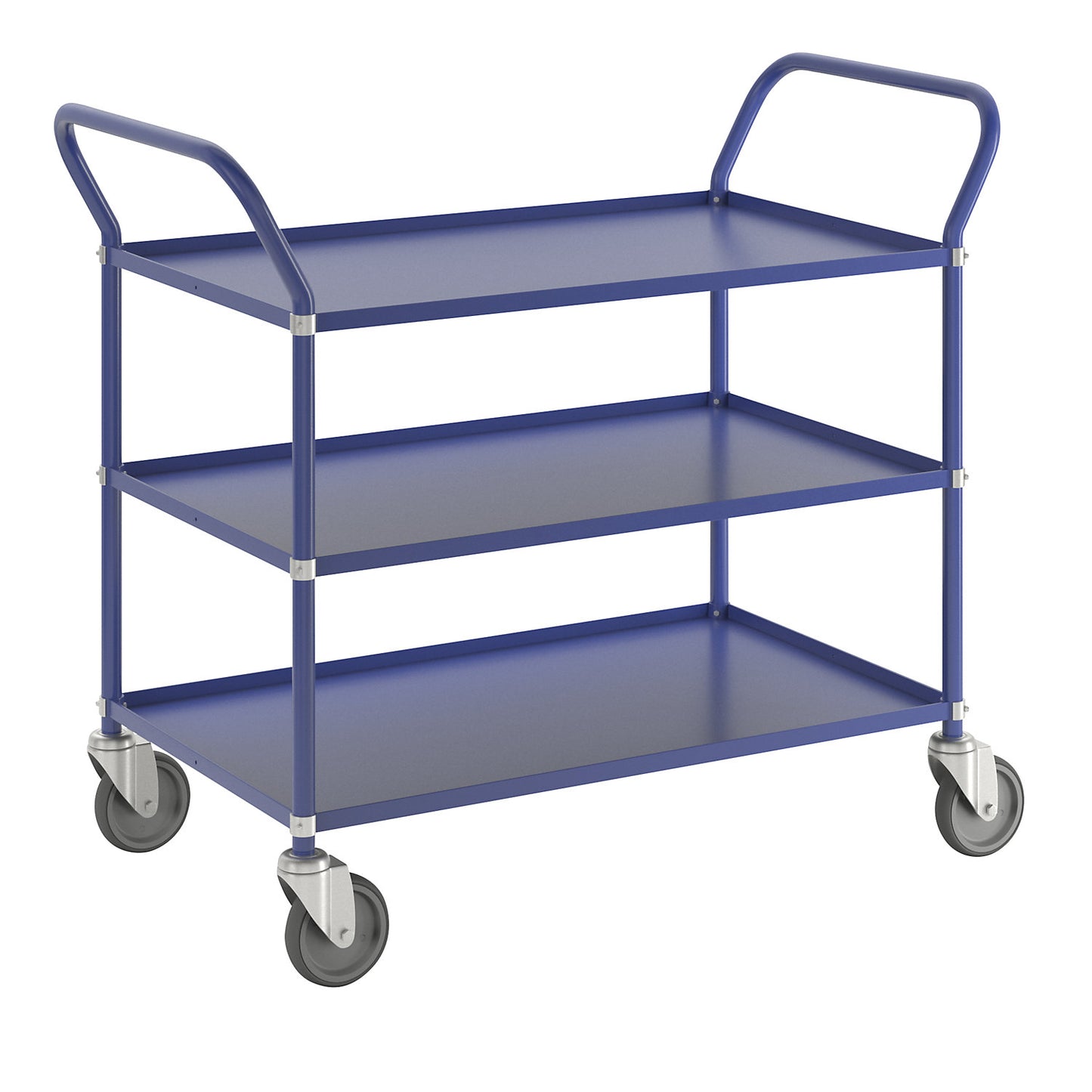 Lightweight shelf truck, height 940 mm, with 3 metal shelves, blue, 4 swivel castors.